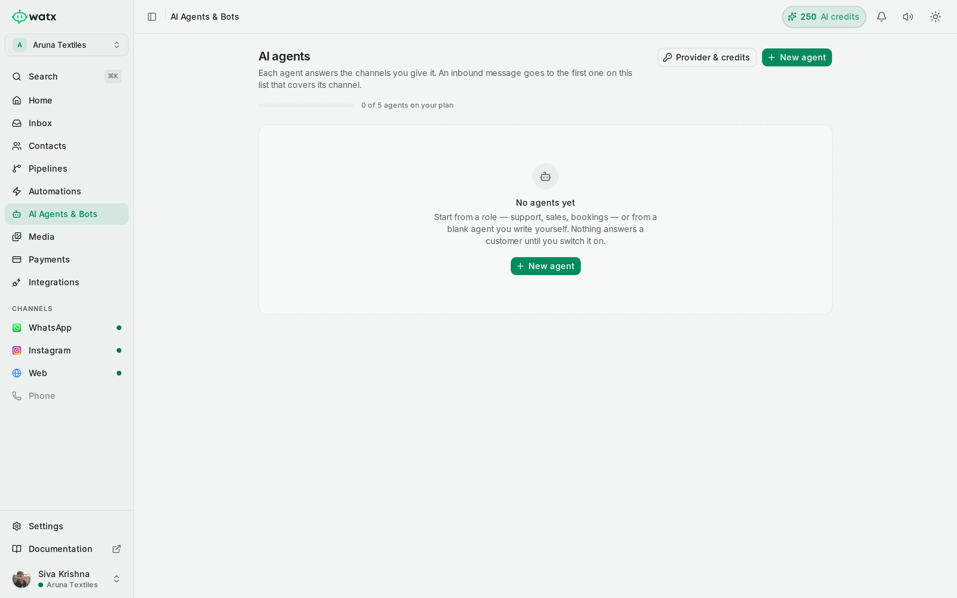 Watx AI agent configuration with a knowledge base and human hand-off rules