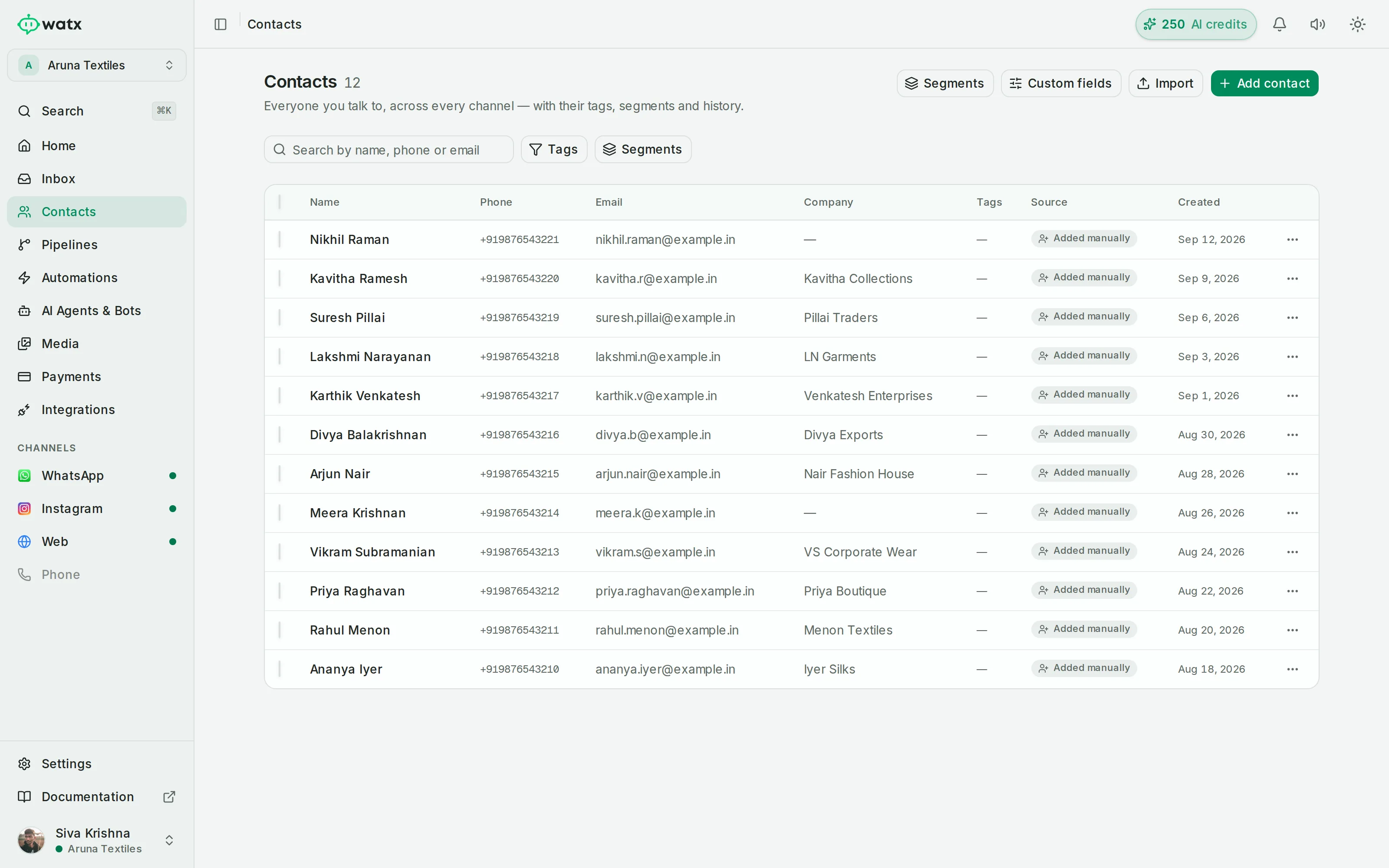 Watx contacts list showing WhatsApp and Instagram contacts with phone, source and tags