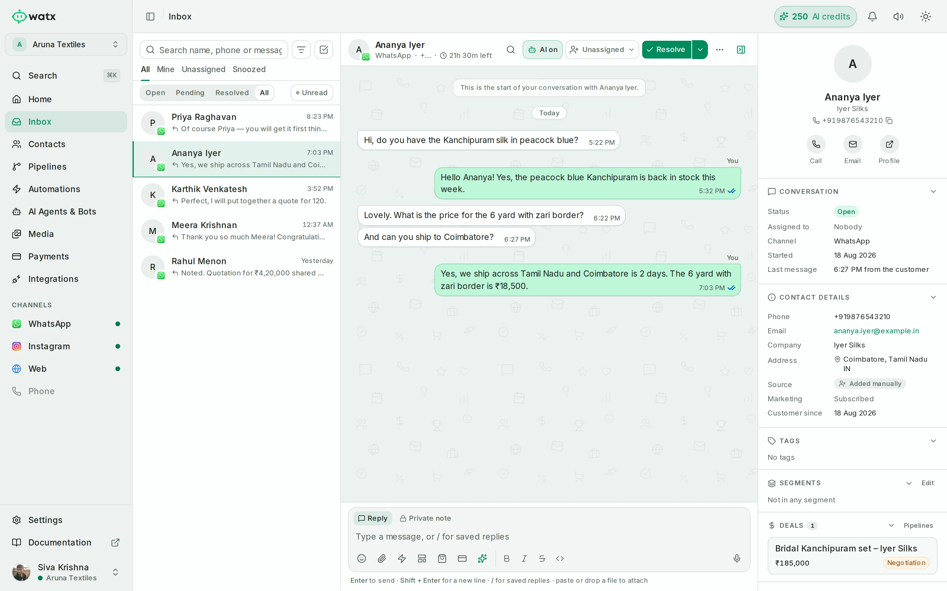 Watx shared inbox with an AI agent answering a customer question on WhatsApp
