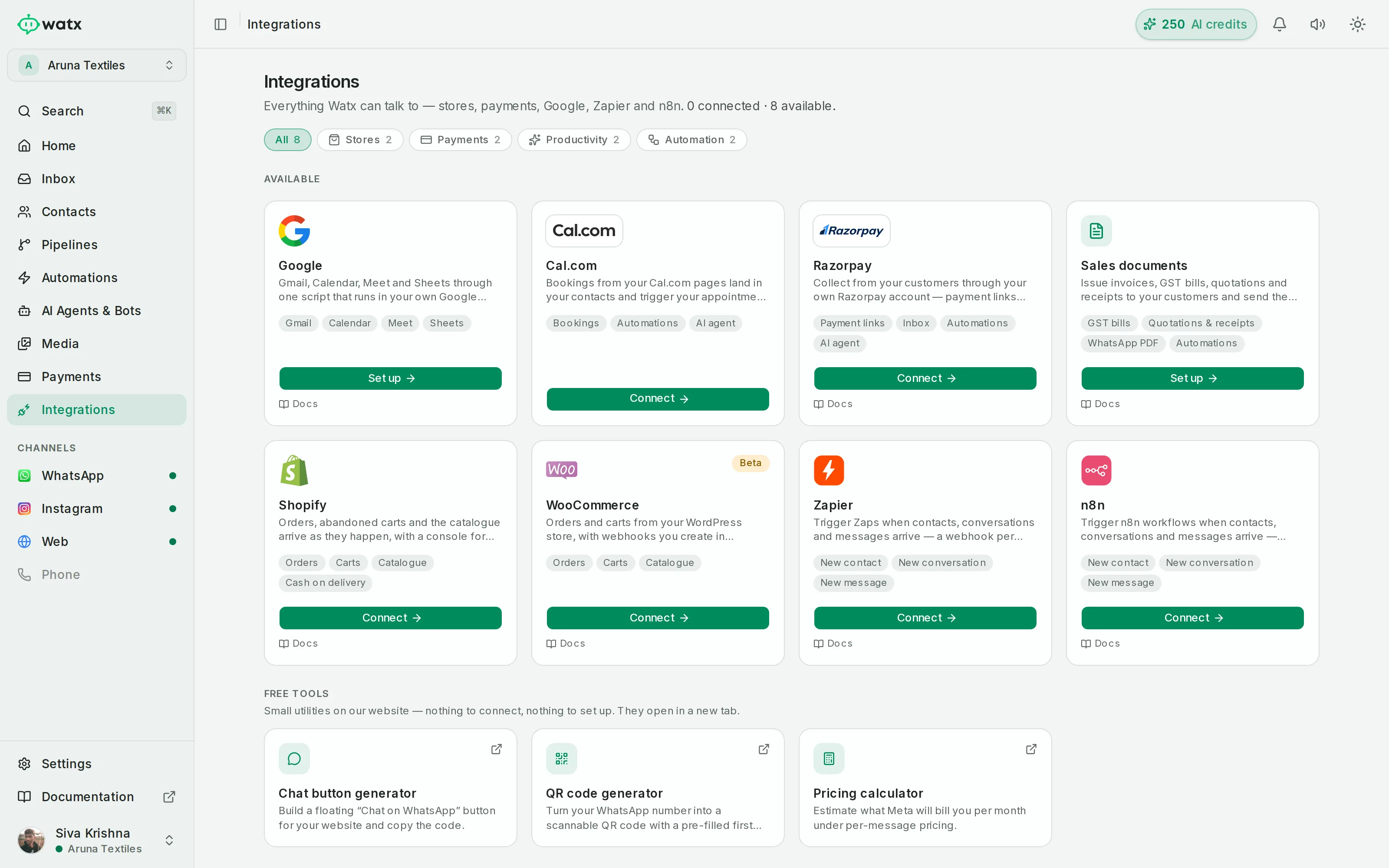 Watx integrations including Zapier, n8n and the REST API
