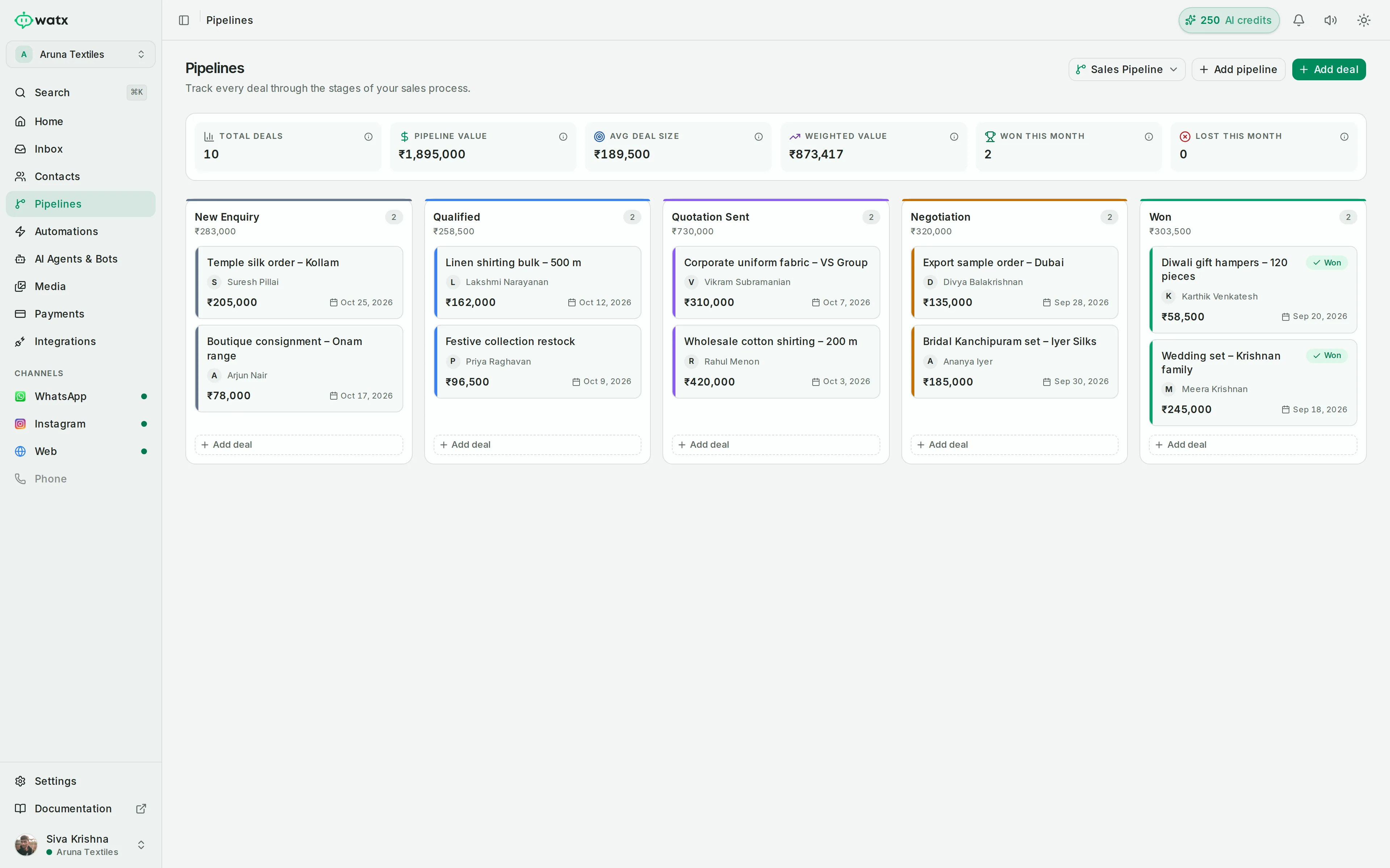 Watx sales pipeline with WhatsApp leads moving through kanban stages