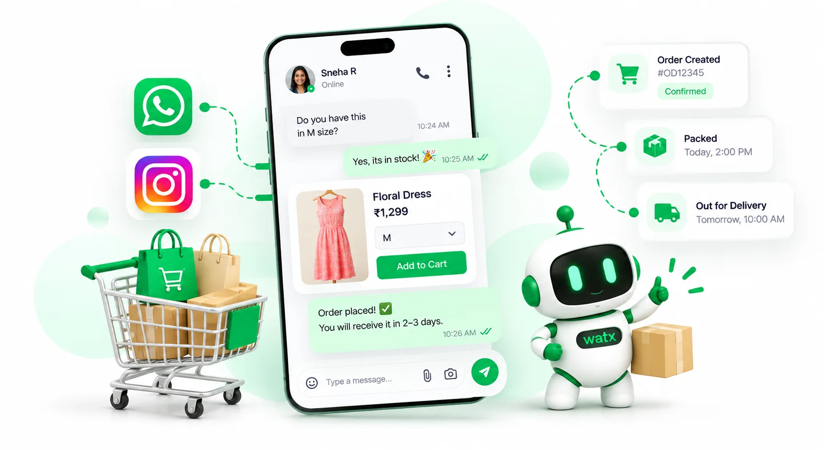 A shopper asks on WhatsApp whether a floral dress comes in size M, adds it to cart and places the order, while it moves from order created to packed and out for delivery