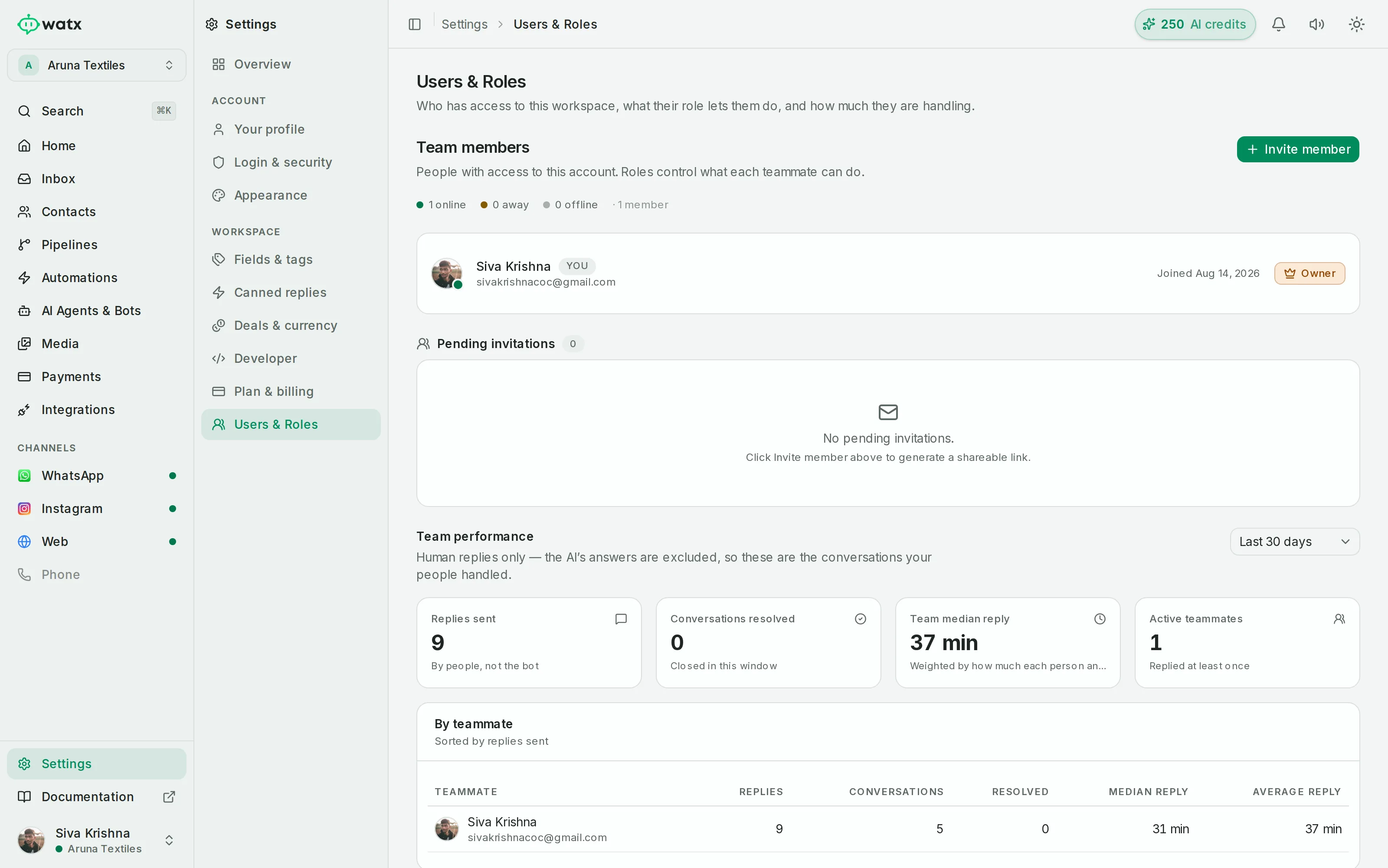 Watx team members and their roles within a workspace