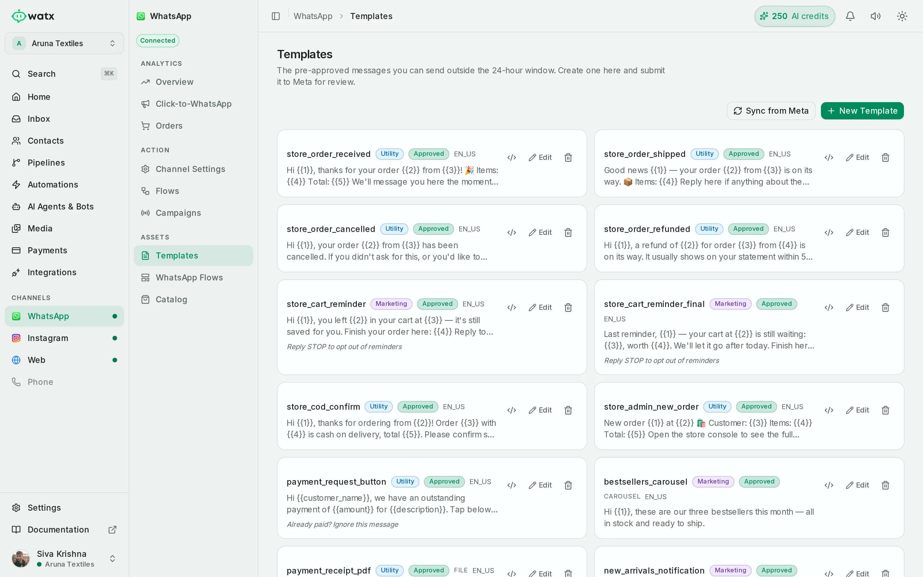 Watx WhatsApp message templates, each showing its category and Meta approval status